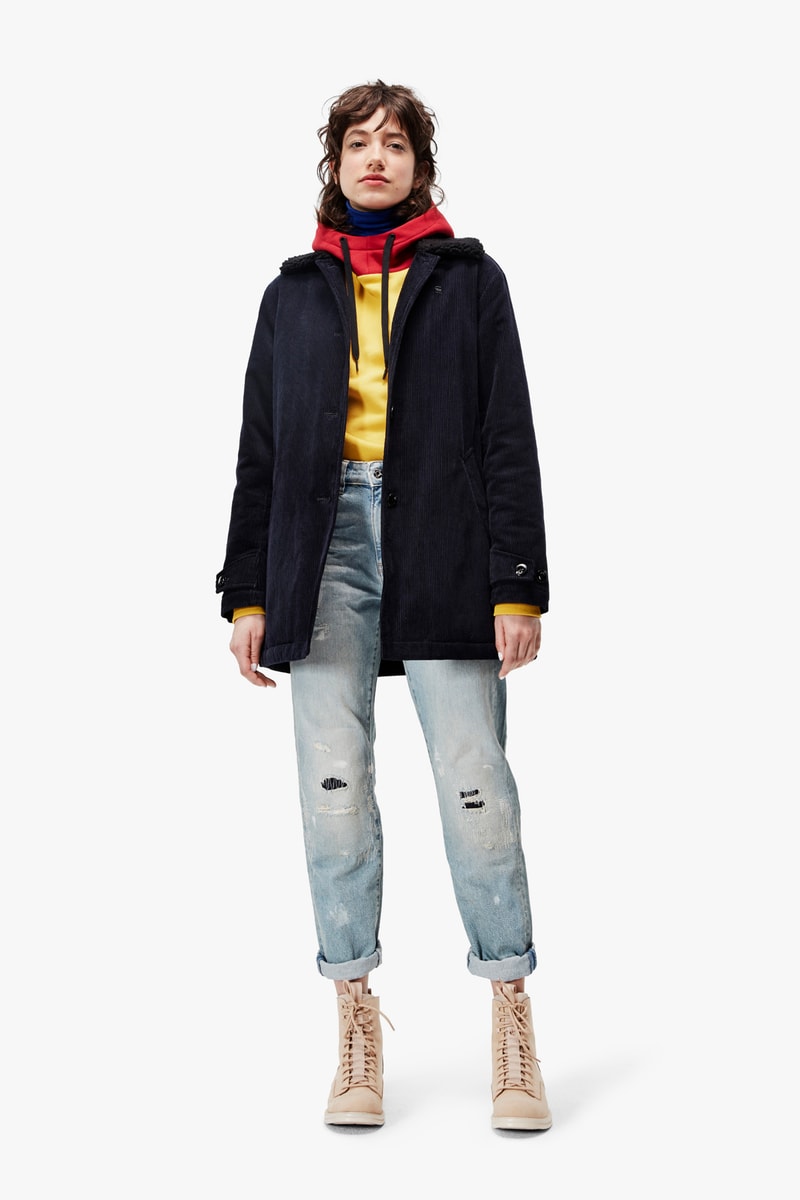G-Star RAW Fall/Winter 2018 Lookbook Shirt Yellow Scarf Red Jacket Black Jeans Blue