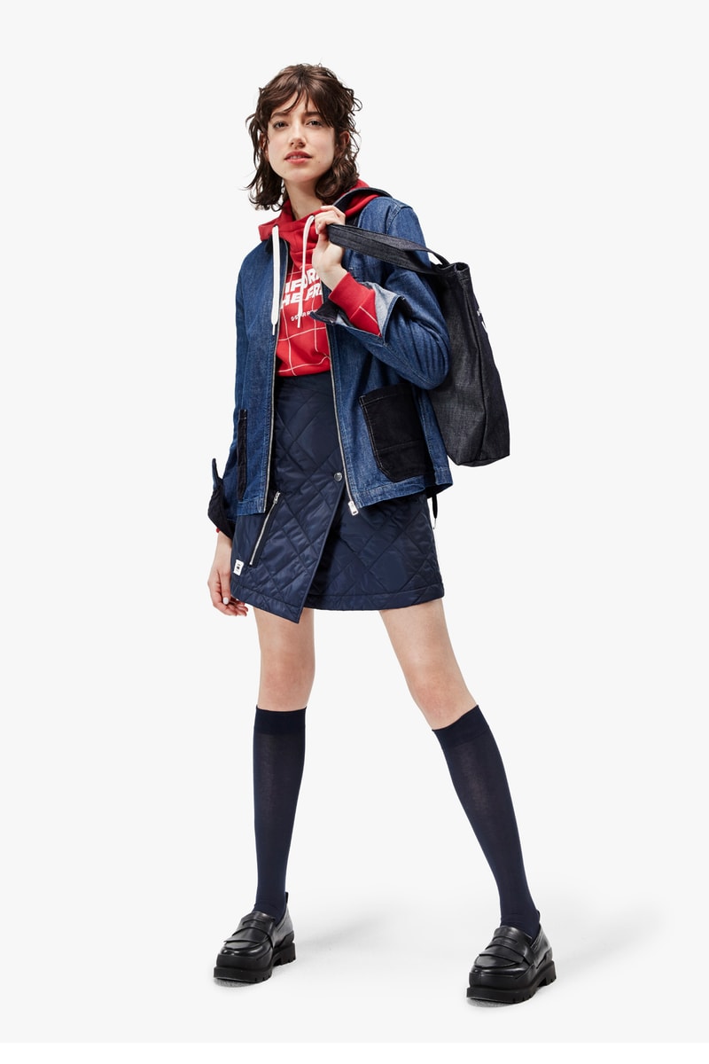 G-Star RAW Fall/Winter 2018 Lookbook Skirt Jacket Blue Shirt Red