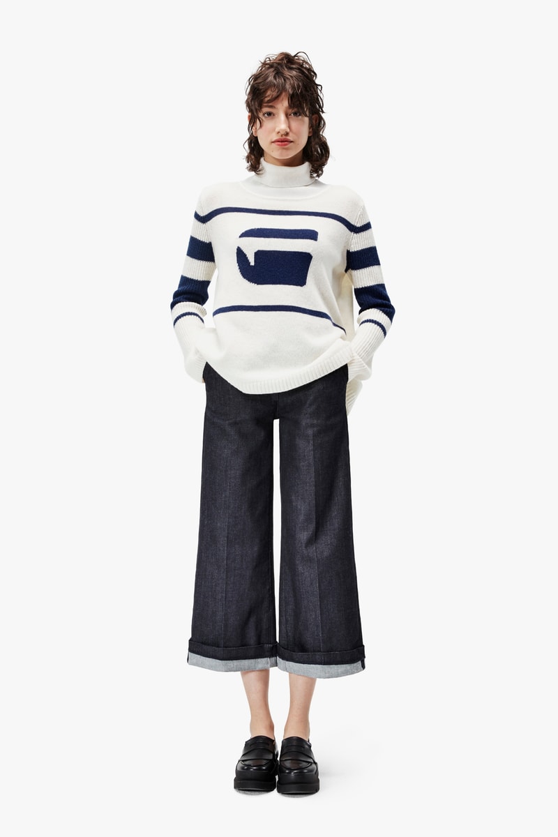 G-Star RAW Fall/Winter 2018 Lookbook Striped Sweater White Blue Pants Navy