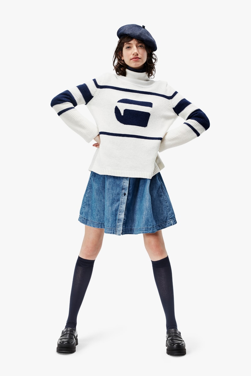 G-Star RAW Fall/Winter 2018 Lookbook Striped Sweater Blue White Beret Navy