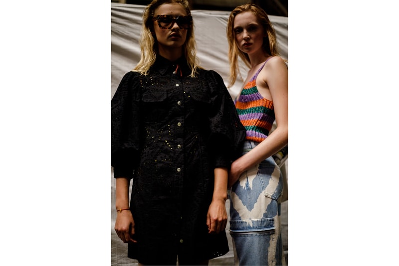 GANNI Copenhagen Fashion Week Backstage Spring Summer 2019 SS19 Lace Dress Black Striped Top Purple Orange Green