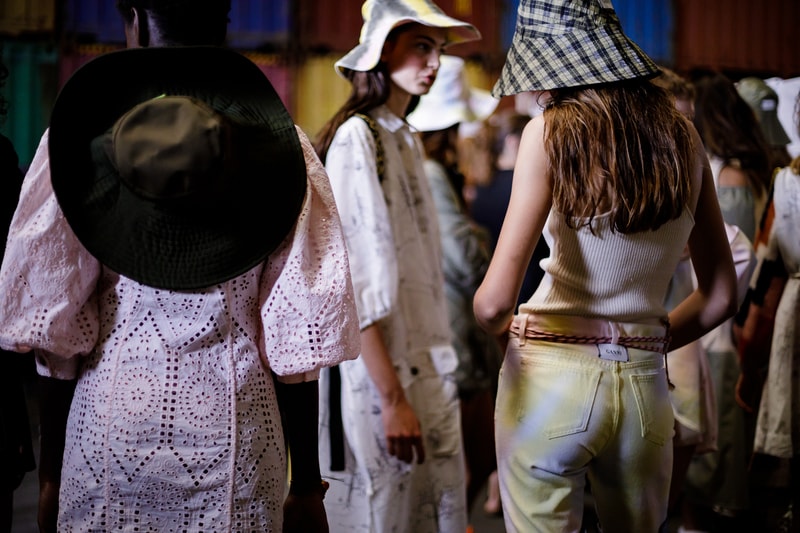 GANNI Copenhagen Fashion Week Backstage Spring Summer 2019 SS19 Lace Dress Pink Top White Hat