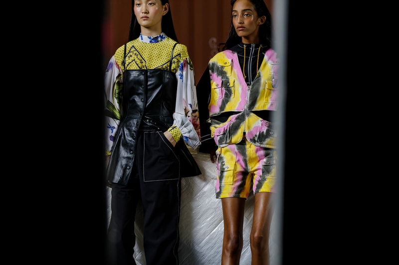 GANNI Copenhagen Fashion Week Backstage Spring Summer 2019 SS19 Top Yellow White Bustier Black Tie Dye Vest Shorts Pink