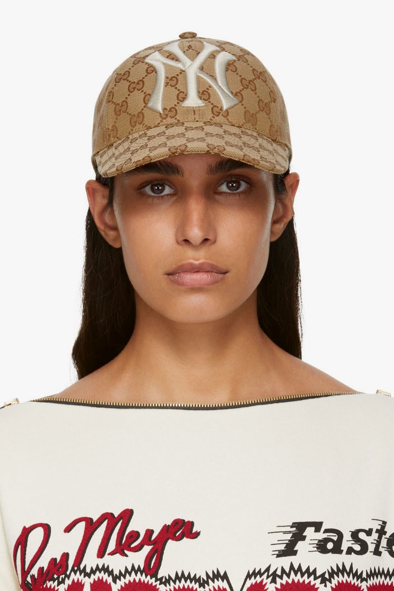 Gucci NY Yankees Monogram Baseball Cap Beige Brown White Logo Print