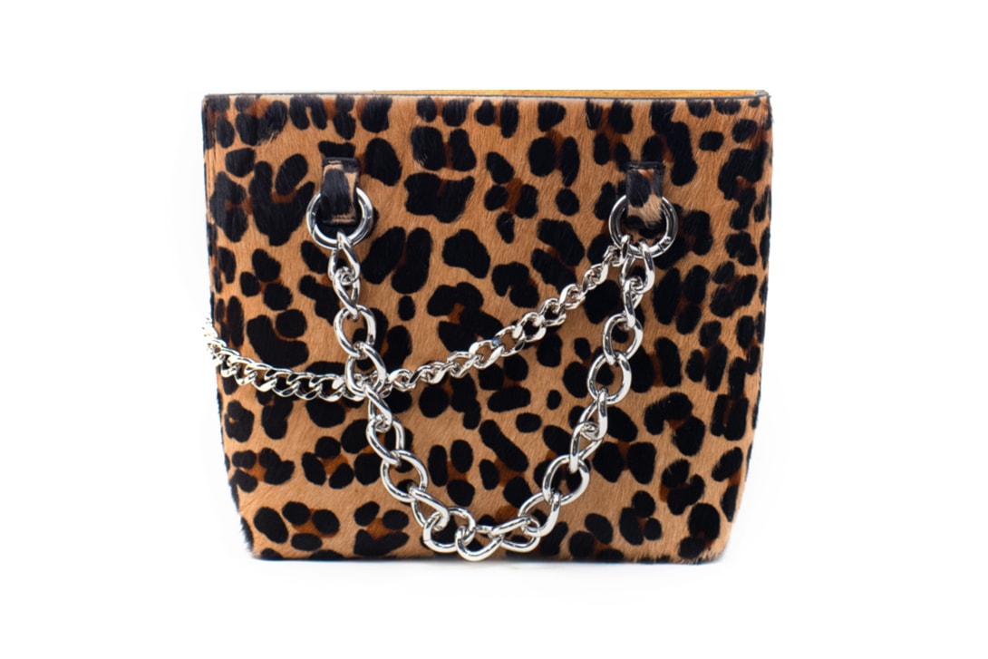 Janis Studios Darka Leopard Handbag Nickle Chain Gold Hoop Rope Handle
