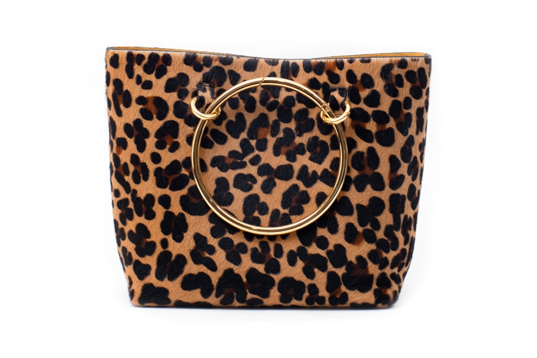 Janis Studios Darka Leopard Handbag Nickle Chain Gold Hoop Rope Handle