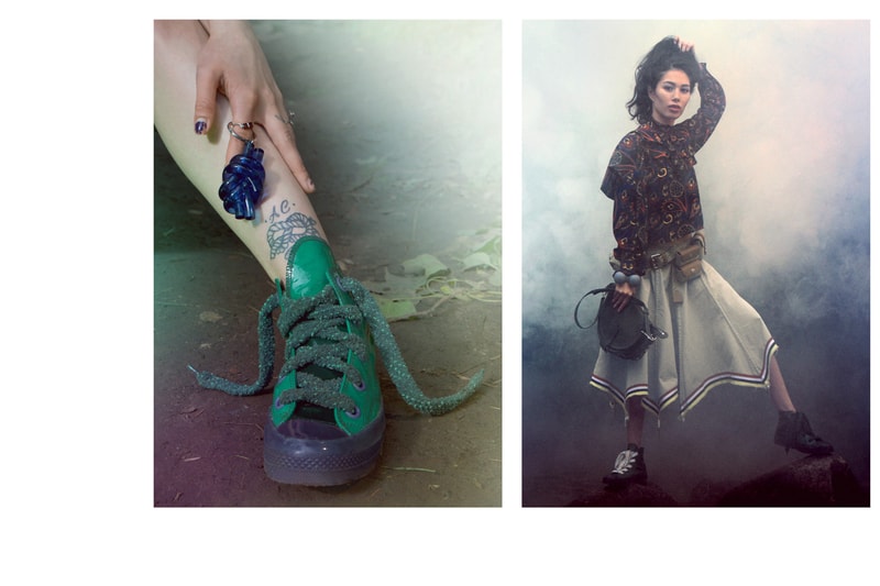 JW Anderson Fall/Winter 2018 Campaign Yelena Beletskaya Converse Green Shirt Brown Skirt Tan