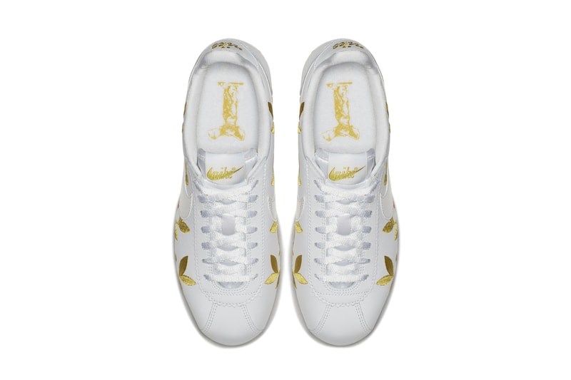 Nike Cortez White Sneaker Runner Gold Leaf Embroidery Print Pattern
