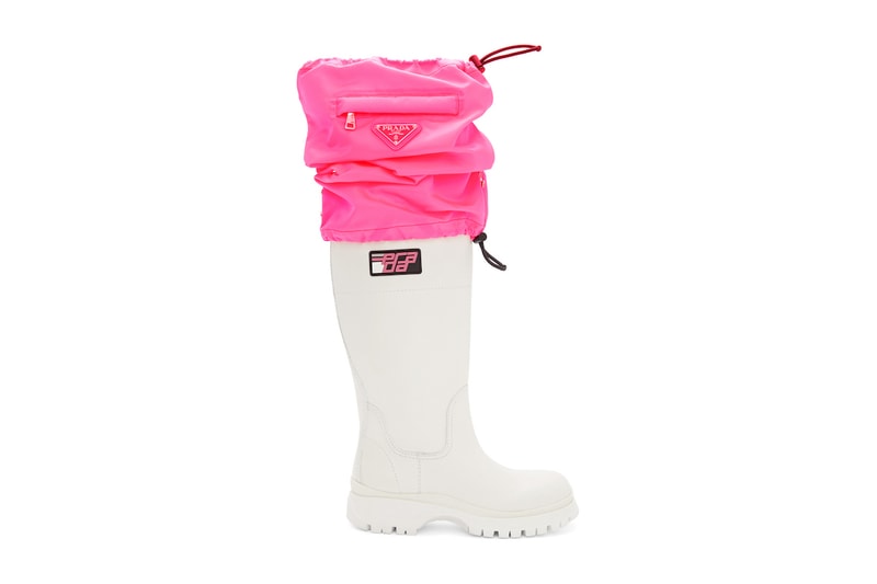 Prada White Neon Pink Rain Boots Logo Drawstring