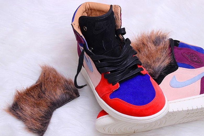 aleali may air jordan 1 collaboration suede faux fur red blue burgundy