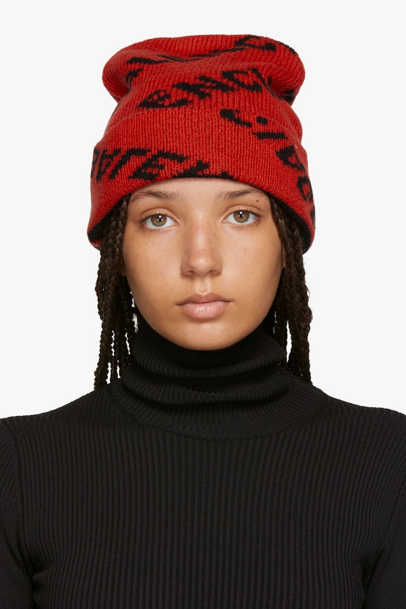 Balenciaga Cozy Logo Beanie Red Black Print Pattern Knit