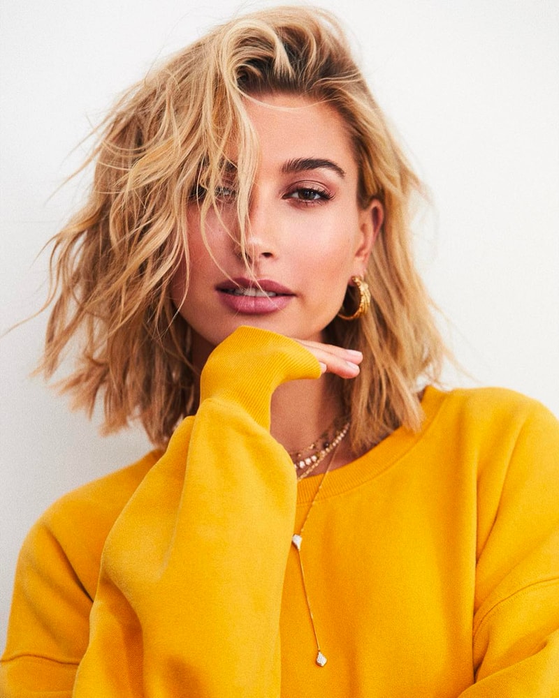 Hailey Baldwin bareMinerals Ambassador New Face Yellow Sweater Gold Necklaces Makeup Skincare Beauty Cosmetics Campaign 2018