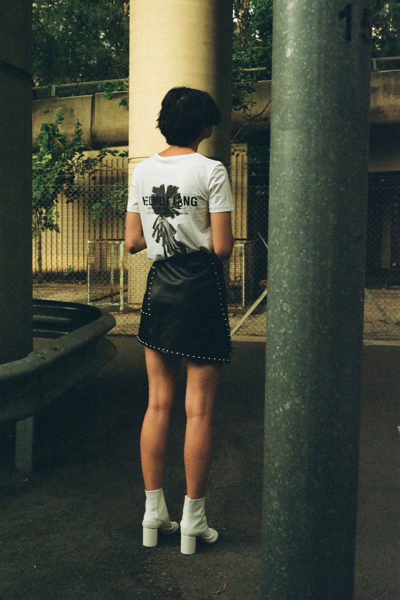 Helmut Lang Fall Winter 2018 HBX Editorial Logo Short Sleeve T-Shirt White Studded Leather Skirt Black