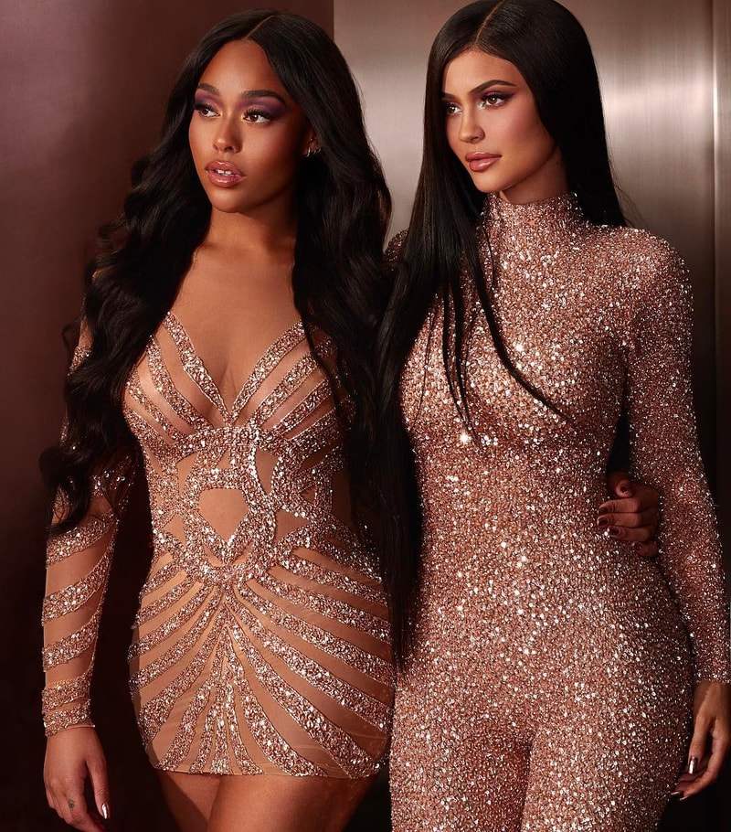 jordyn woods brown dress dons form-fitting for dinner with Kylie Jenner and Anastasia 'Stassie' Karanikolaou in LA size down for a more snatched look Kylie Jenner x Jordyn Woods