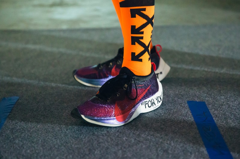 Off-White Virgil Abloh Spring Summer 2019 Paris Fashion Week Show Backstage Nike Sneakers Maroon Grey Socks Orange Black