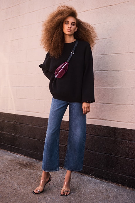 Facebook: Alexander Wang Crew Neck Pullover With Crystal Cuffs Kala Sandals Black Attica Mini Fanny Pack Maroon Crush Wide Leg Jeans Blue