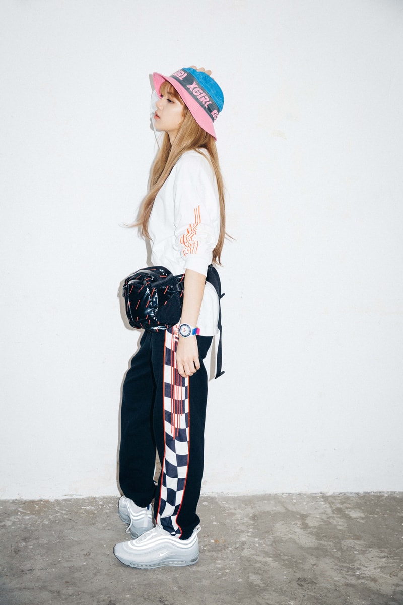 X-Girl Nonagon Blackpink Lisa Campaign Collaboration K-Pop White T-Shirt Fanny Pack Black Pants Pink Blue Hat