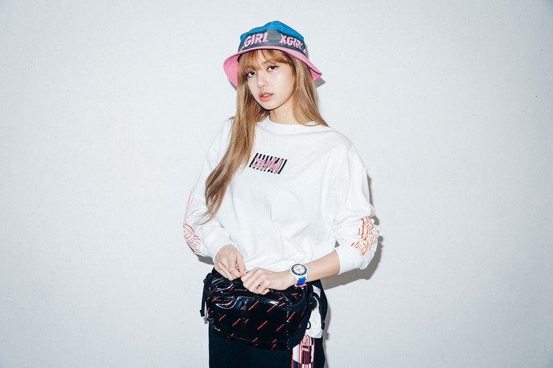 X-Girl Nonagon Blackpink Lisa Campaign Collaboration K-Pop White T-Shirt Fanny Pack Black Pants Pink Blue Hat