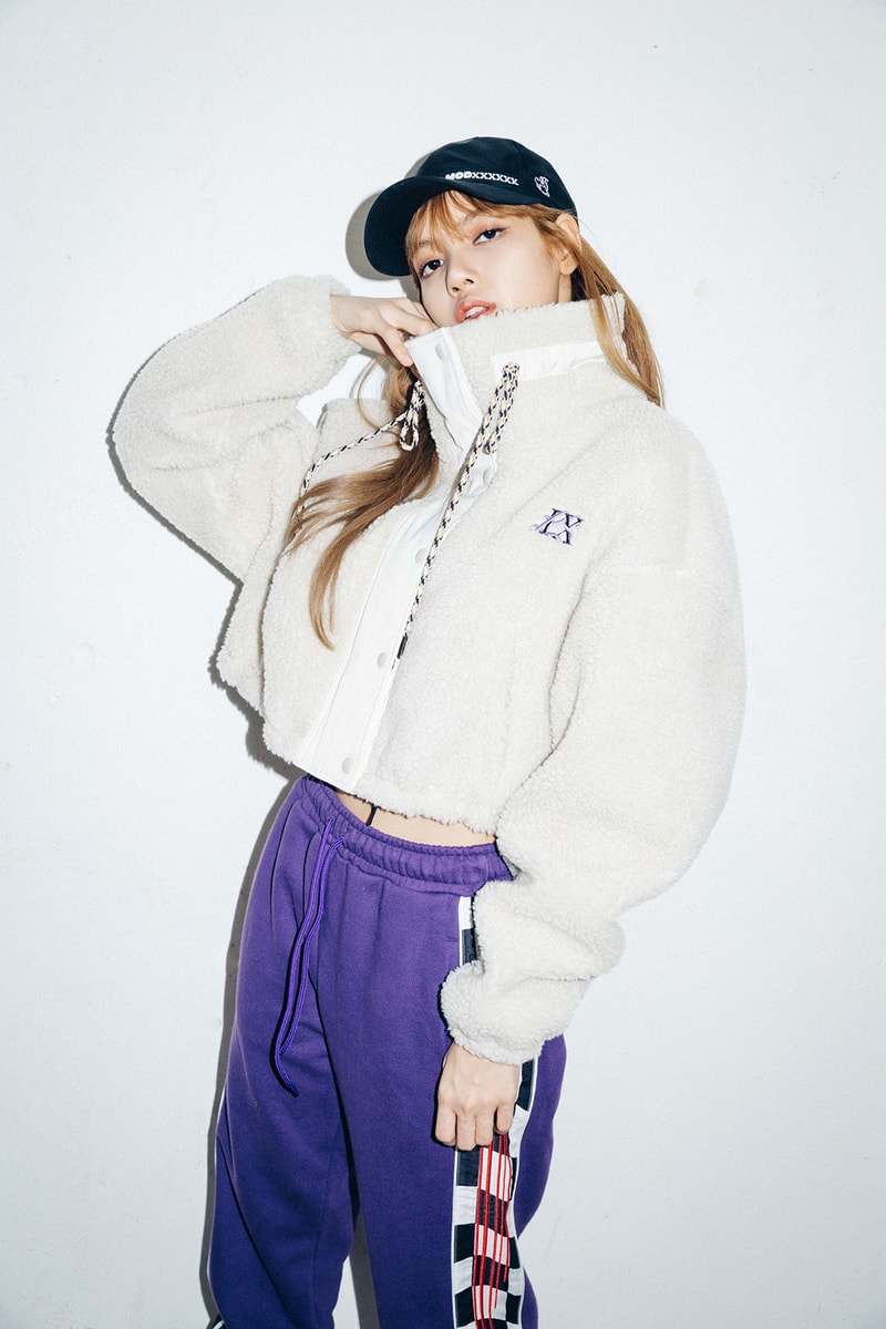 X-Girl Nonagon Blackpink Lisa Campaign Collaboration K-Pop White Jacket Purple Pants Black Cap