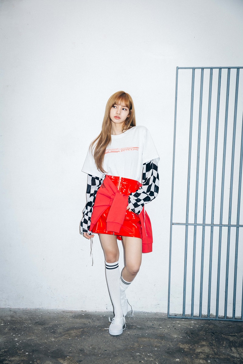 X-Girl Nonagon Blackpink Lisa Campaign Collaboration K-Pop White T-Shirt Red Skirt