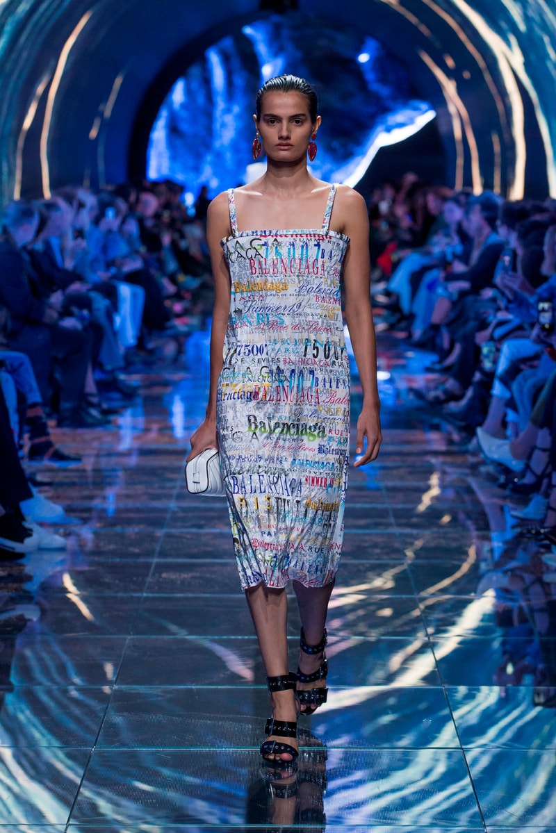 Balenciaga Spring Summer 2019 Show Collection Paris Fashion Week Logo Dress White Blue