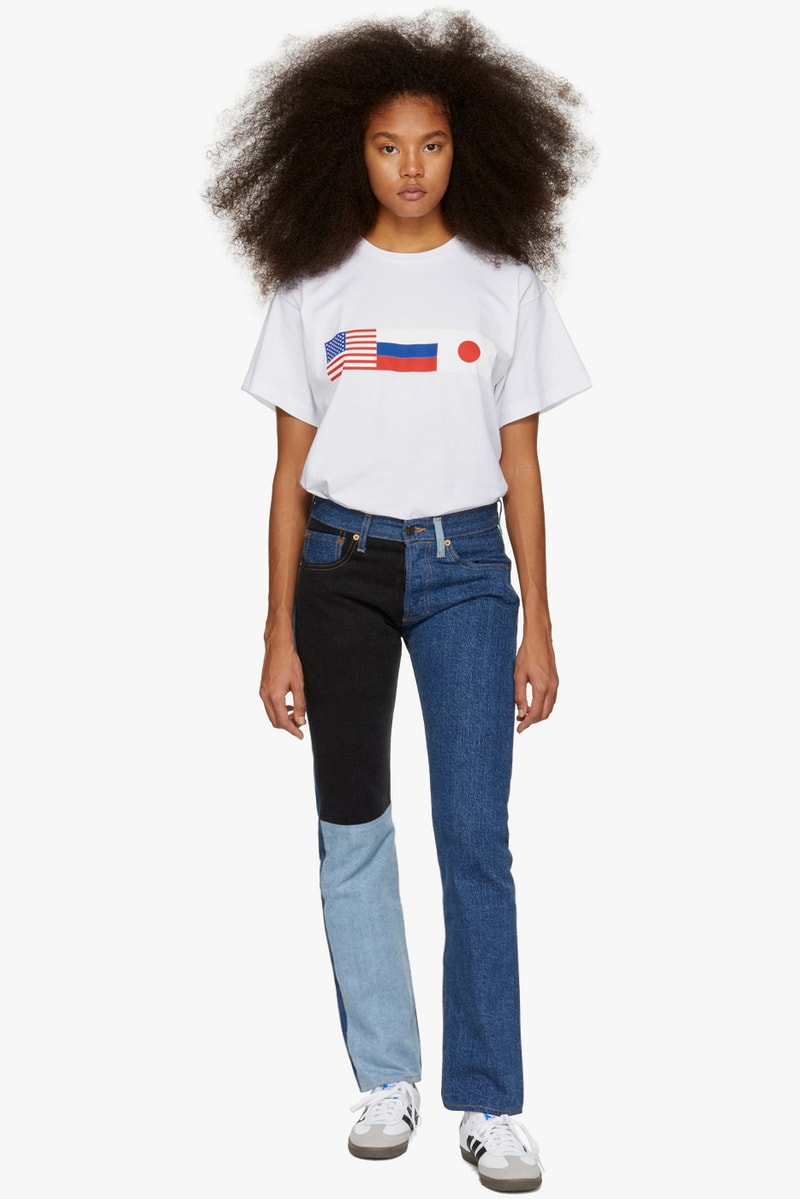 Gosha Rubchinskiy Final Fall Winter 2018 Drop Flag T-Shirt White Levi's Edition Patchwork Jeans Navy