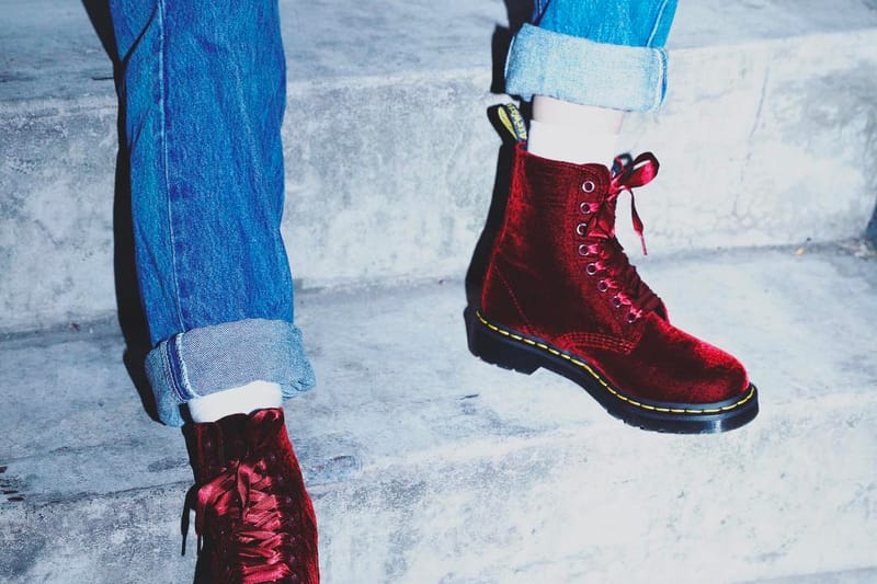 Dr. Martens' Red Velvet Pascal Boots Are Laced up With Satin Ribbon