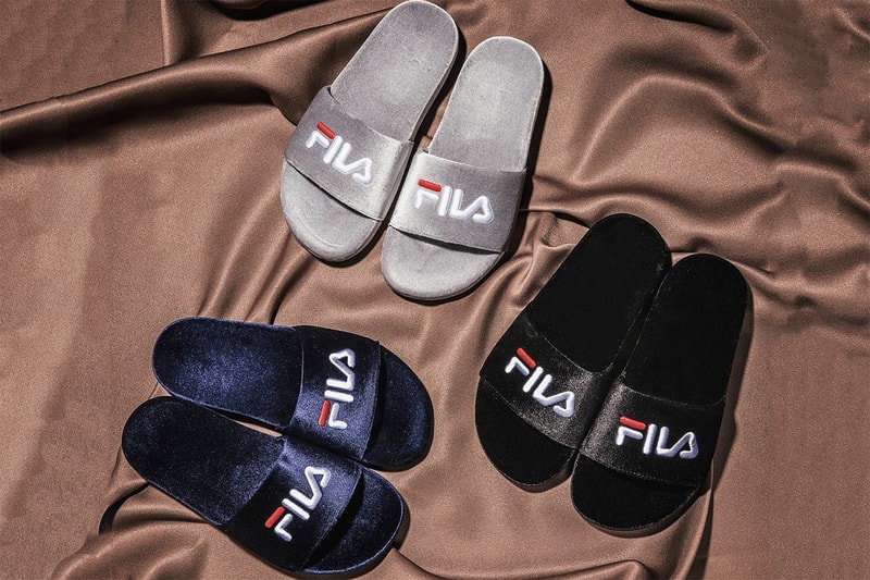 FILA Drifter Velvet Logo Sandals Slides Black Navy Grey