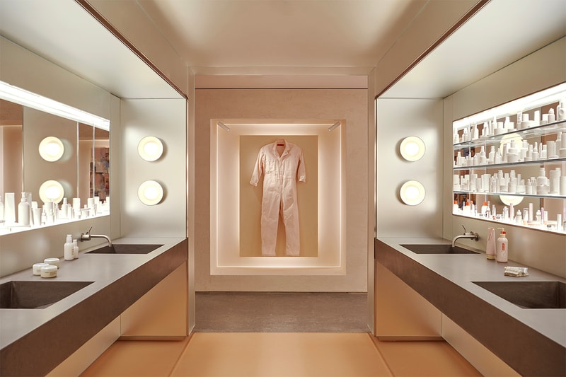 Glossier Flagship Store Shop Manhattan New York Emily Weiss 2018 November 8 123 Lafayette Street Makeup Skincare Beauty Cosmetics Pink Bathroom Jumpsuit Uniform