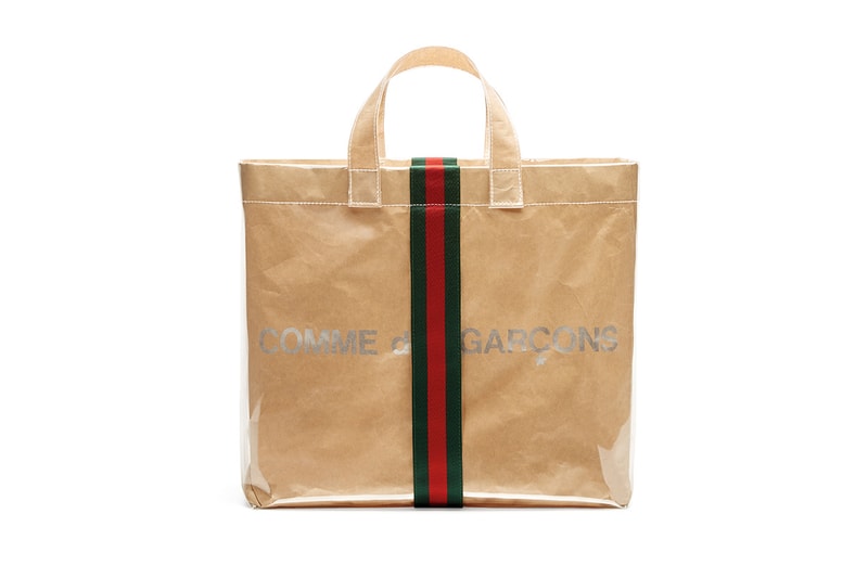 Gucci COMME des GARÇONS Plastic Paper Tote Bag Japan Tokyo Exclusive Friends 2018 November 23 Red Green Stripes Logo Happy Holidays