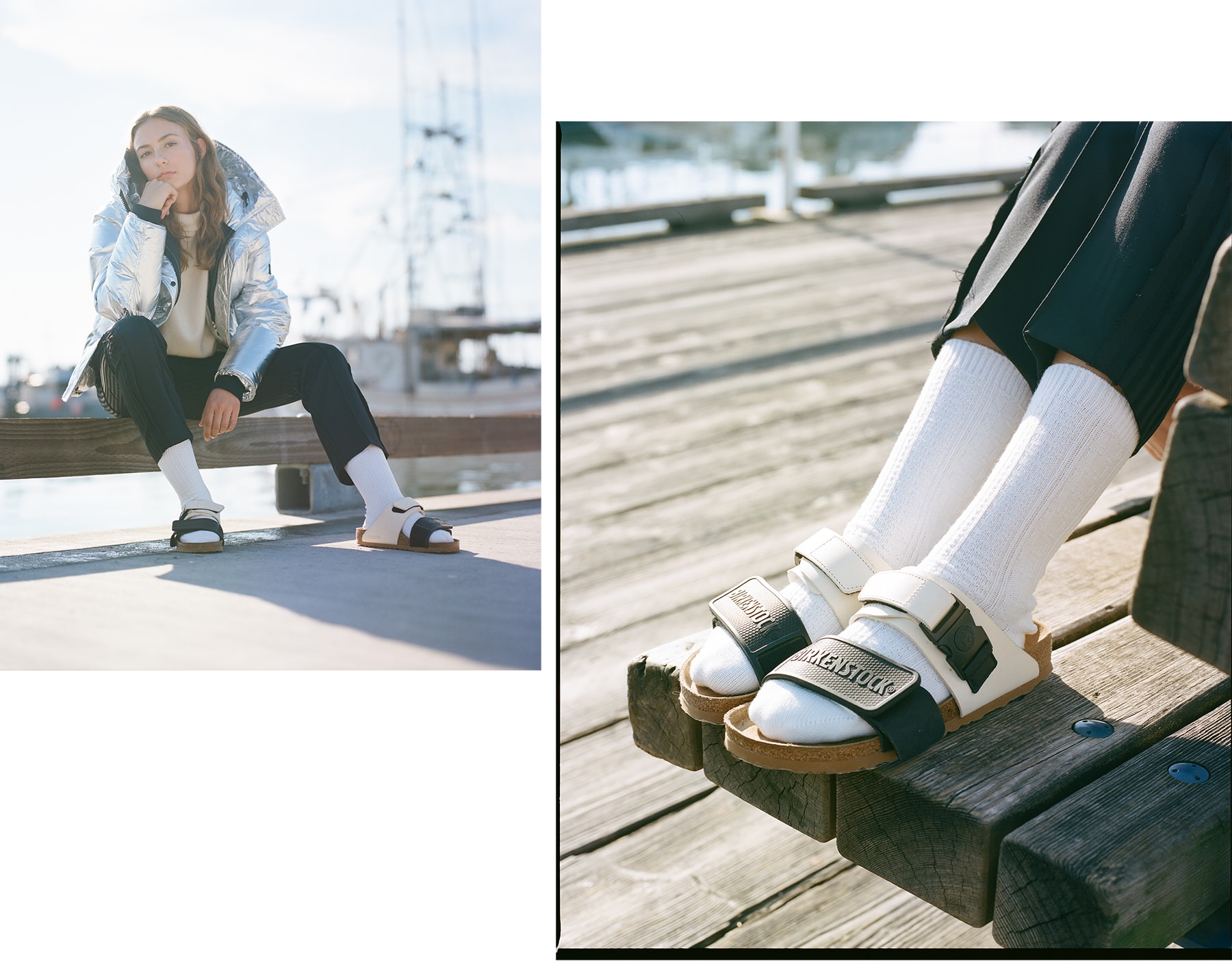 Birkenstock Rick Owens Sandals Spring Summer 2019 Victoria Beckham White Cashmere Sweater Kenzo Silver Puffer Jacket Metallic MM6 Maison Margiela Pants Black