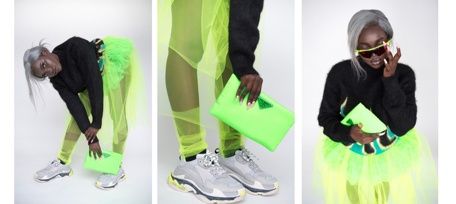 Neon Color Trend Fall Winter 2018 Editorial Prada Clutch Flame Sweater Balenciaga Triple S Sneakers Tulle Skirt Black Model Silver Hair Kenza