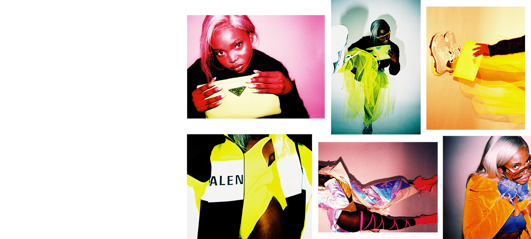 Neon Color Trend Fall Winter 2018 Editorial Prada Clutch Flame Sweater Balenciaga Triple S Sneakers Tulle Skirt Black Model Silver Hair Kenza