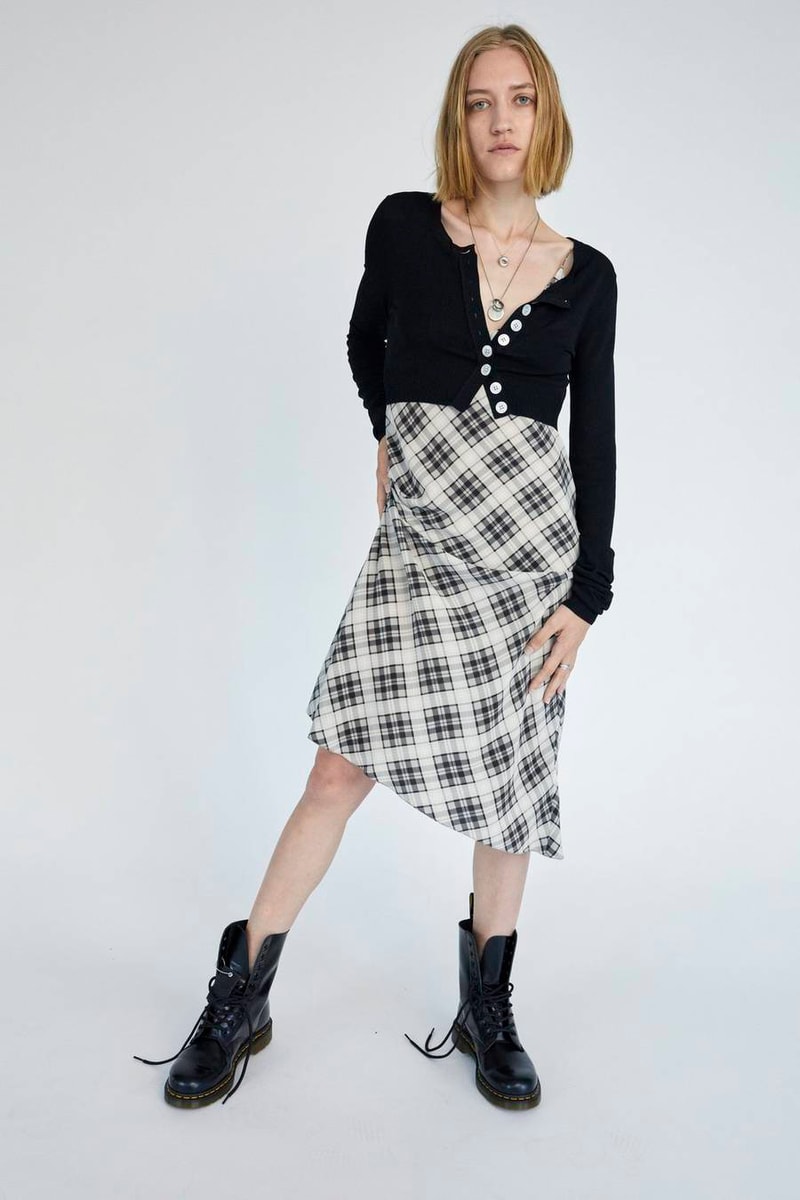 Marc Jacobs Resort 2019 Redux Collection Knit Crop Cardigan Dr. Martens 10-Eye Letter Boot Black Plaid Strap Dress White Grey