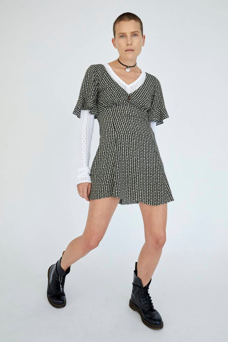 Marc Jacobs Resort 2019 Redux Collection Flower Chain Ruffle Mini Dress Dr. Martens 10-Eye Letter Boot Black