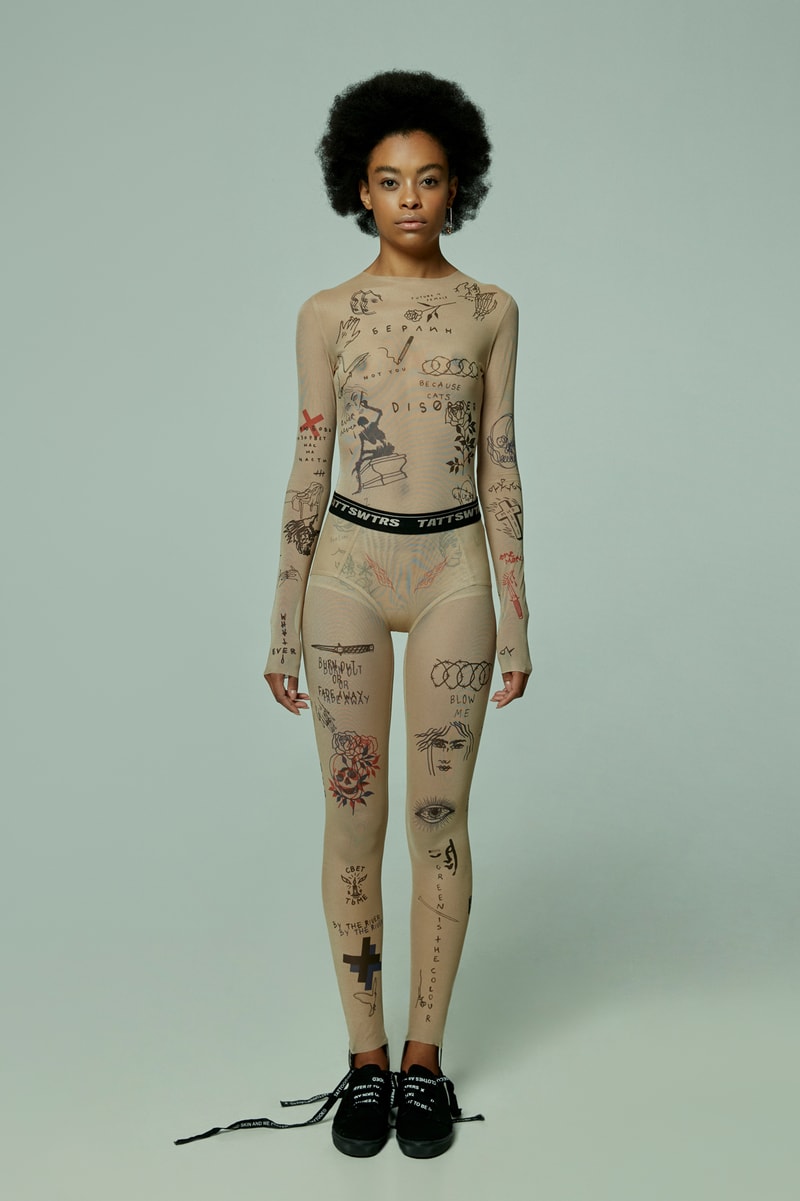 TATTOOSWEATERS Fall Winter 2018 Collection Lookbook Mesh Bodysuit With Long Sleeves Leggings Tan