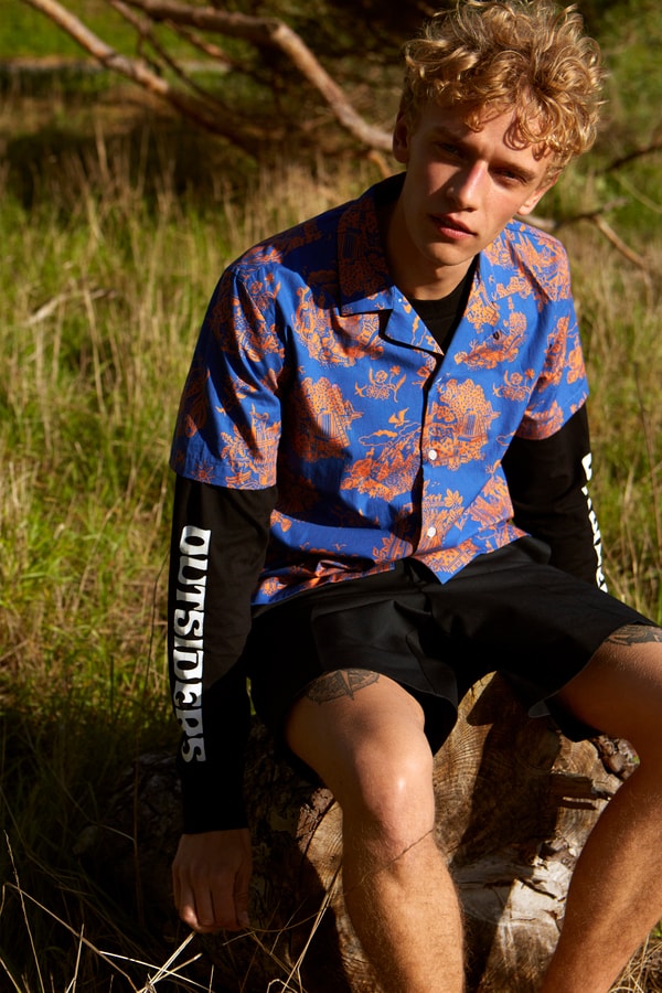 Wood Wood Spring Summer 2019 Lookbook Silk Shirt Blue Peach Shorts Black