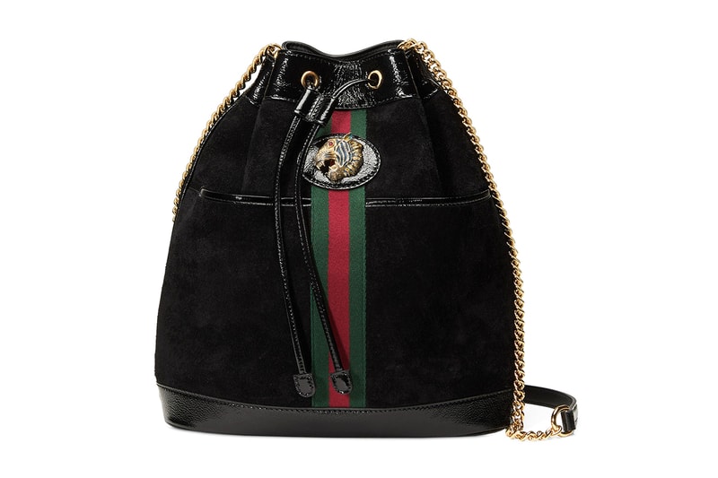 Gucci Rajah Black Suede Gold Tiger Head Bucket Bag
