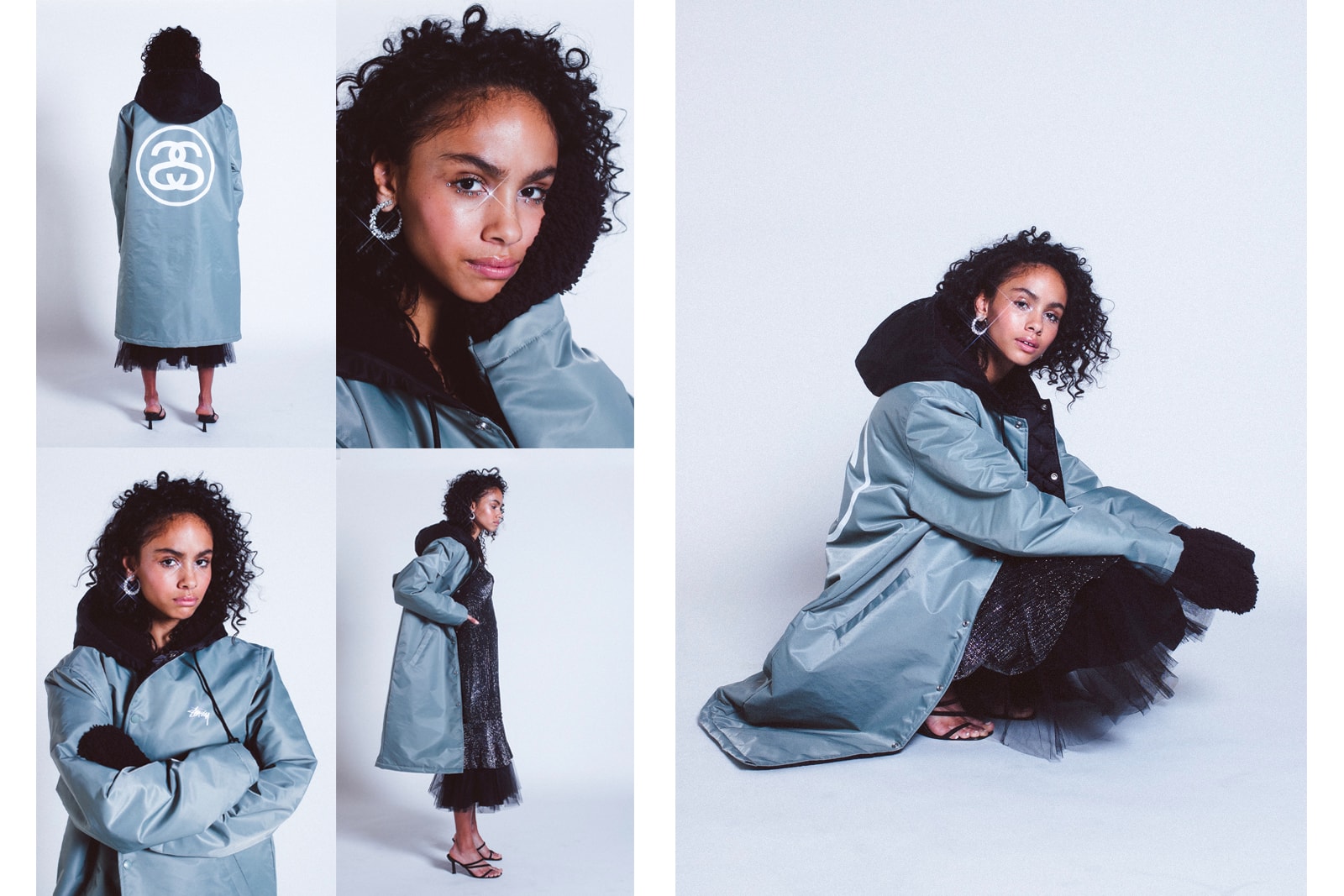 Stussy green coat black dress sandals mules heels AIYA Jewels earrings New Year's Eve Holiday Party Outfit Ideas Inspo Editorial Tianna Franks Maya Gatensby Family Management Vancouver