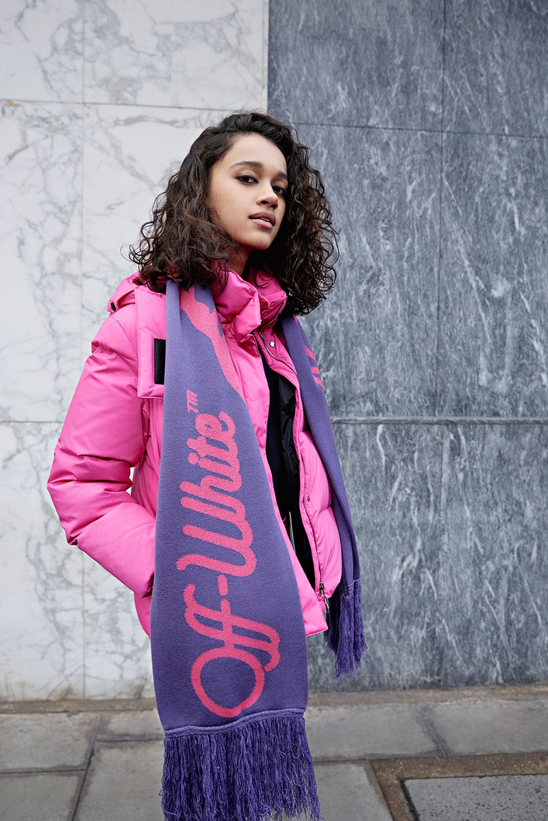 offwhite virgil abloh mytheresa skiwear collab collection puffer jacket scarves leggings headbands gloves bodysuits
