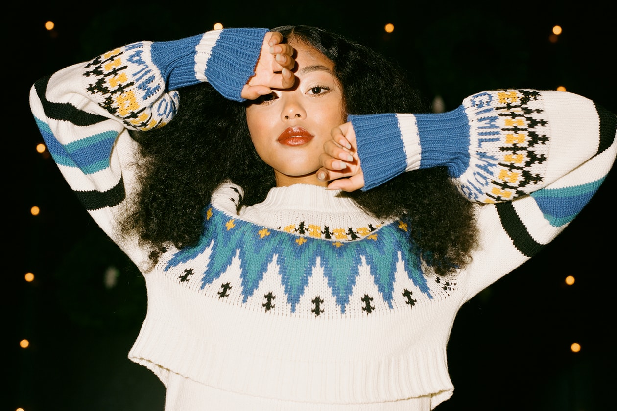 Ugly Christmas Sweater Holiday Editorial MSGM Dress White Blue Yellow Ciana Parks Family Management Model D/6 Bar and Lounge Vancouver Canada