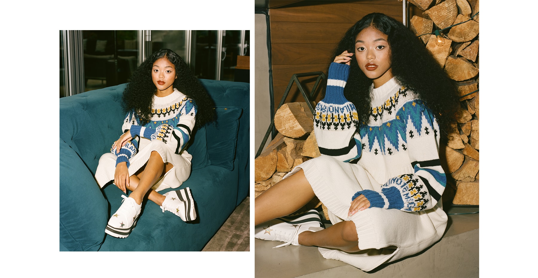 Ugly Christmas Sweater Holiday Editorial MSGM Dress White Blue Yellow Ciana Parks Family Management Model D/6 Bar and Lounge Vancouver Canada