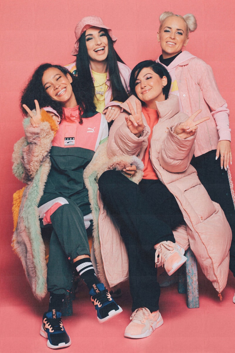 Lola Plaku x PUMA Nova GRL PWR Campaign Black Surf The Web Peach Bud Pearl Blush Marz Lovejoy Bambii Azan Enisa Lauren Ledford Sweatpants Black Jackets Pink Green