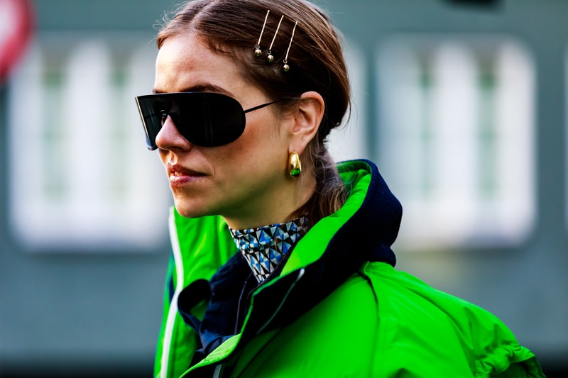 Copenhagen Fashion Week FW19 Streetstyle Snaps Jacket Green Hair Pins Gold Sunglasses Black