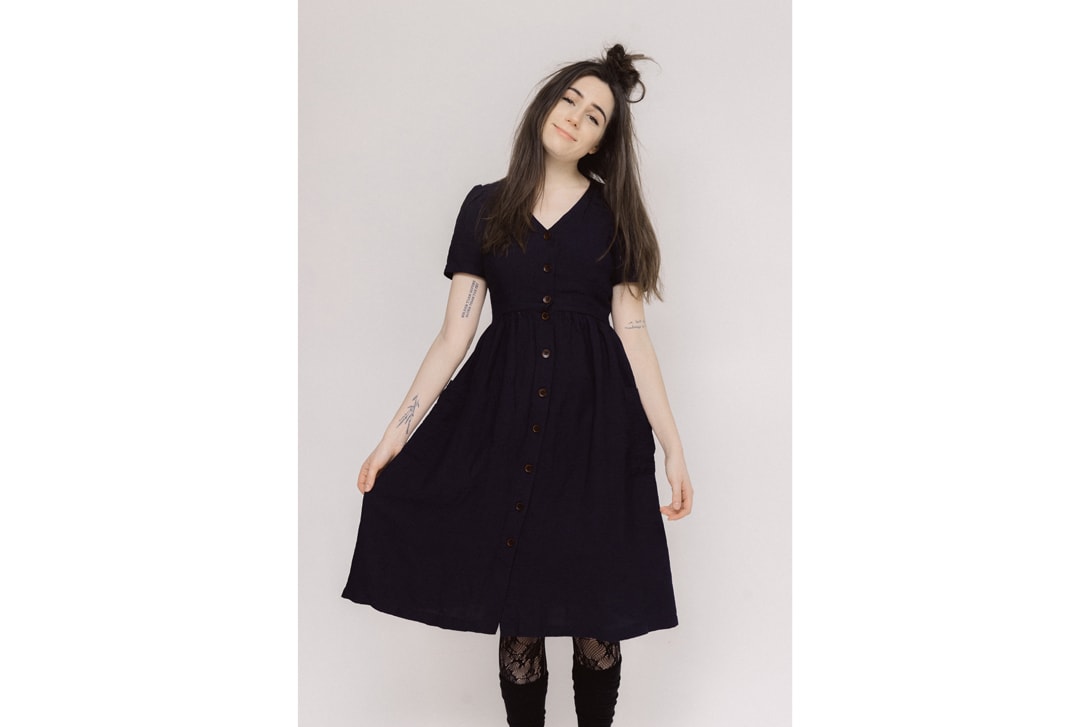 Dodie Dress Navy Boots Brown Tights Black