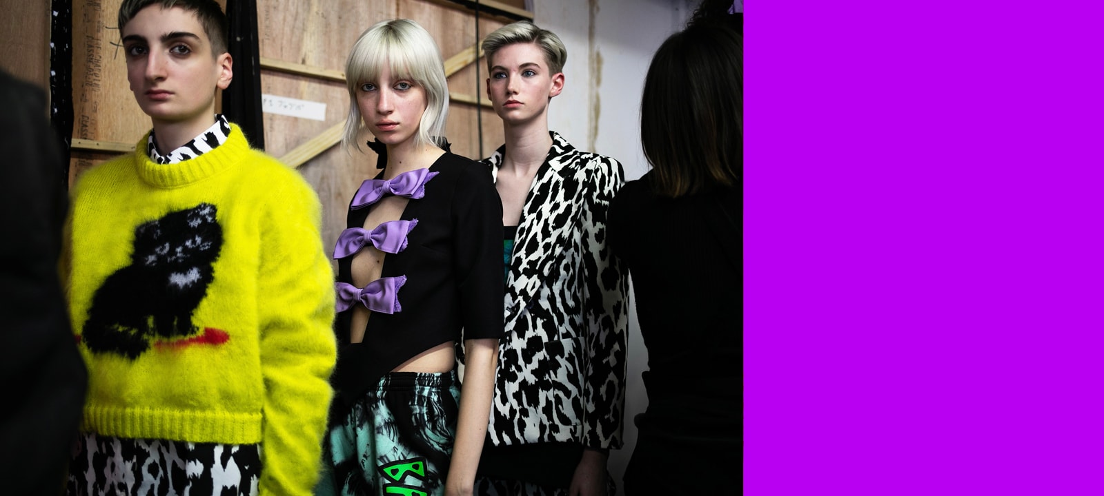 Ashley Williams London Fashion Week Backstage Fw19 Fall Winter 2019 Yellow Cat Sweater Purple Bows