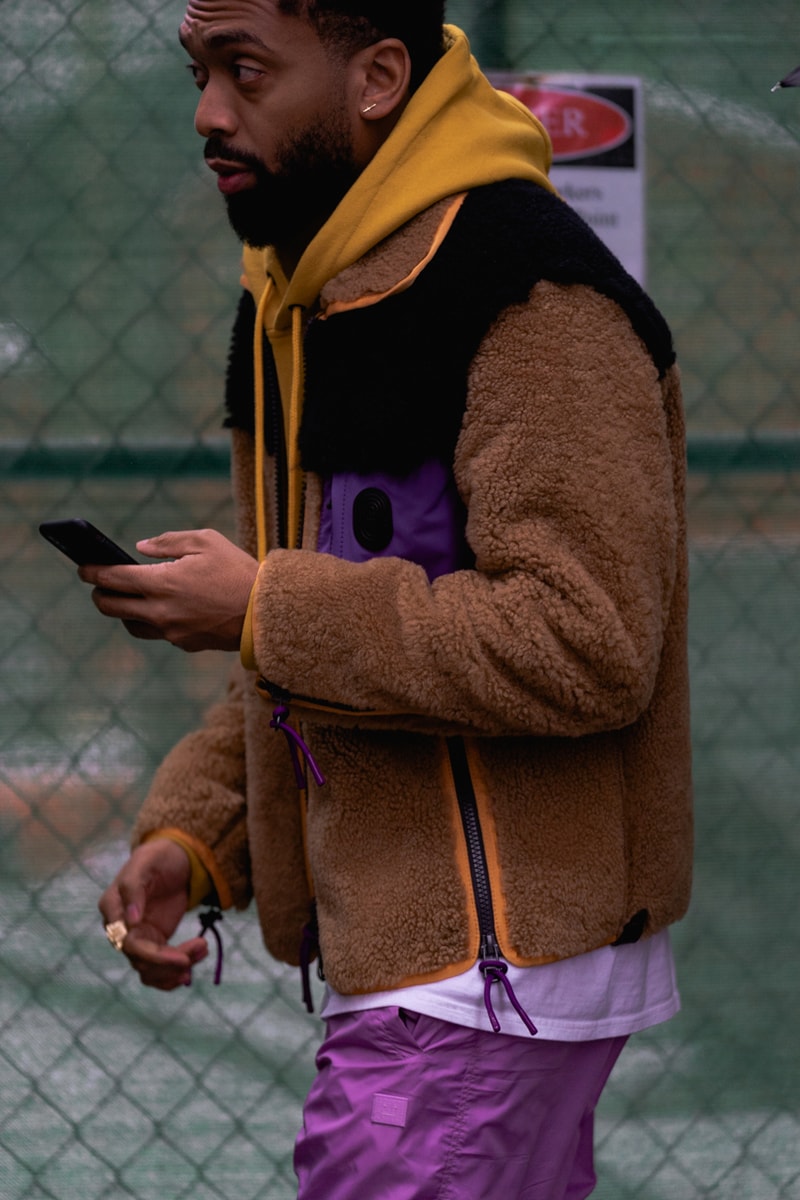 New York Fashion Week Fall Winter 2019 Street Style Snaps Kerby Jean Raymond Pyer Moss Coat Brown Hoodie Yellow
