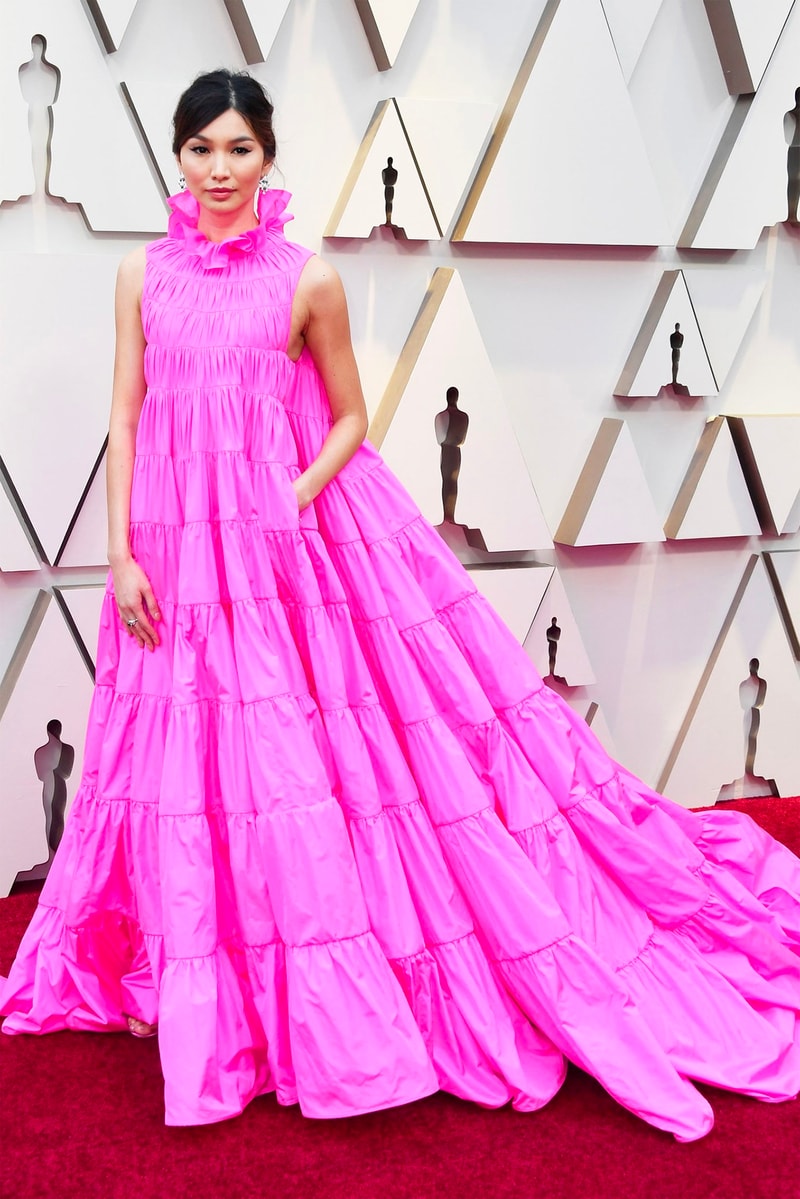 Gemma Chan Crazy Rich Asians Oscars 2019 91st Academy Awards Red Carpet Pink Neon Gown Dress
