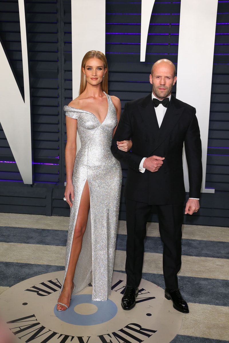 2019 Vanity Fair Oscar Party Rosie Huntington-Whiteley Dress Silver Jason Statham Suit Silver