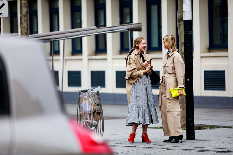 Paris Fashion Week Street Style Fall Winter 2019 Linda Tol Jacket Tan Skirt Blue Shoes Red